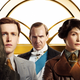 Ralph Fiennes stands with his similarly whimsically attired co-stars in an image from The King's Man.